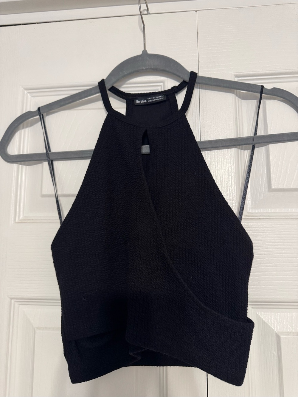 Bershka Black Textured Halter Crop Top with Keyhole Detail